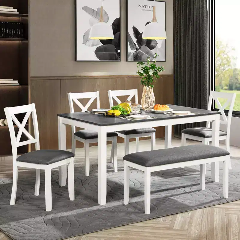 GDFStudio Alvarez Modern 6 Piece Upholstered Rubberwood Dining Chairs and Bench with Rectangular Dining Table