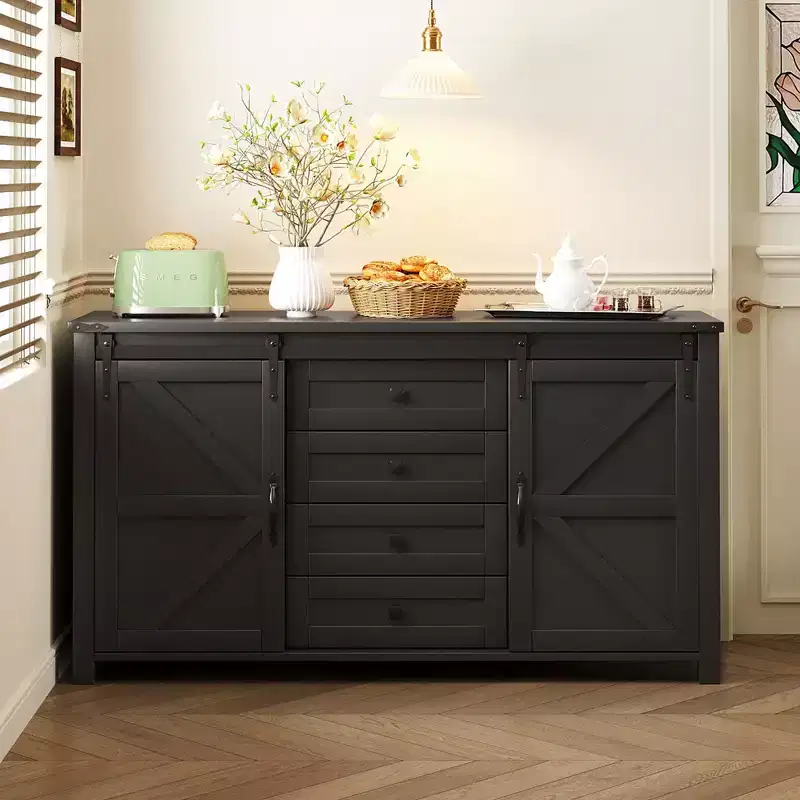 Farmhouse 4-Drawer Buffet Sideboard Storage Cabinet for Dining Room, Kitchen Pantry Cabinets with Sliding Barn Door & Metal Handles