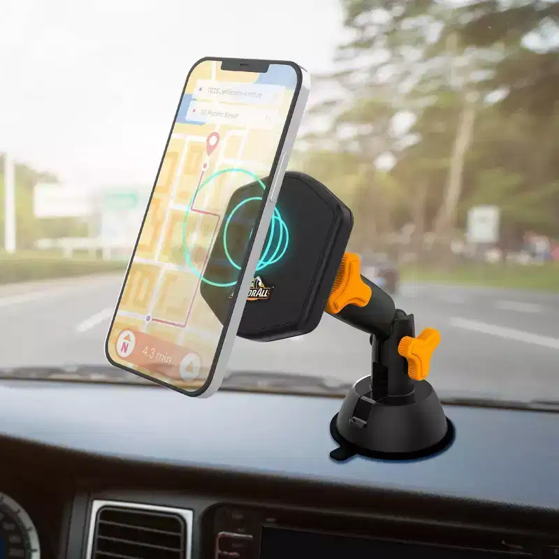 Armor All Wireless Charging Magnetic Phone Mount with Suction Cup: Automotive Accessory, 1 Year Warranty, Orange/Black