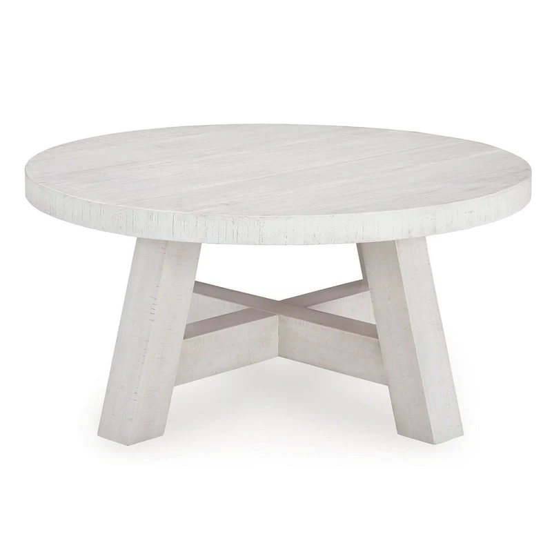 Linie Round Cocktail Coffee Table, Rustic Posts, 40 Inch White Pine