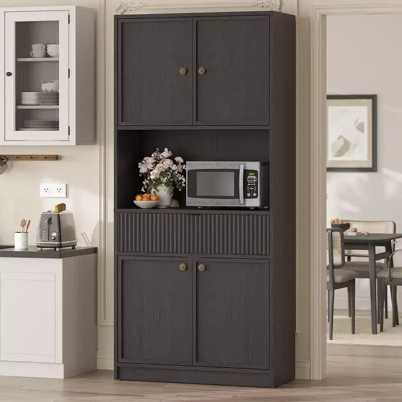 Tall Kitchen Pantry Cabinet, 70 in Pantry Storage Cabinet with Countertop, Fluted Kitchen Hutch Cabinets with Doors and Drawer, Freestanding Cupboard