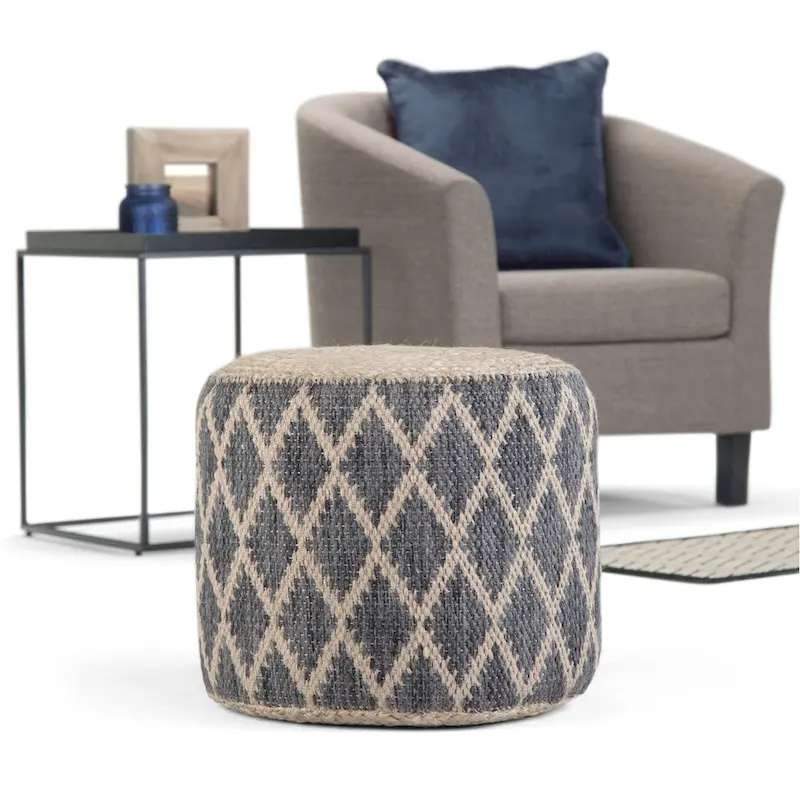 Boho Round Pouf, Hand-Woven Braided Jute and Cotton