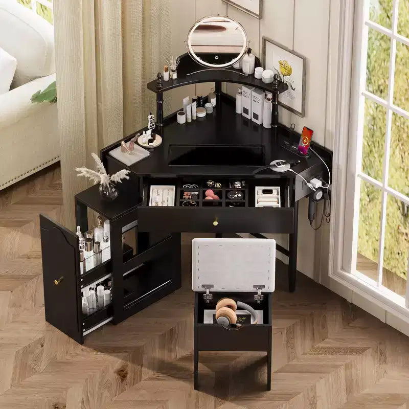 Whisen Corner Vanity Table with Storage Cushioned Stool, Charging Station, Removable Pull-Out Side Cabinet
