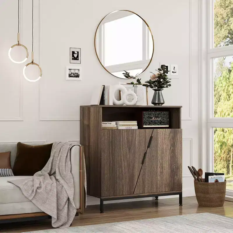 Sideboard Cabinet, Morden Wood Sideboard Buffet, Storage Cabinet with Oblique Door and Adjustable Shelves Brown