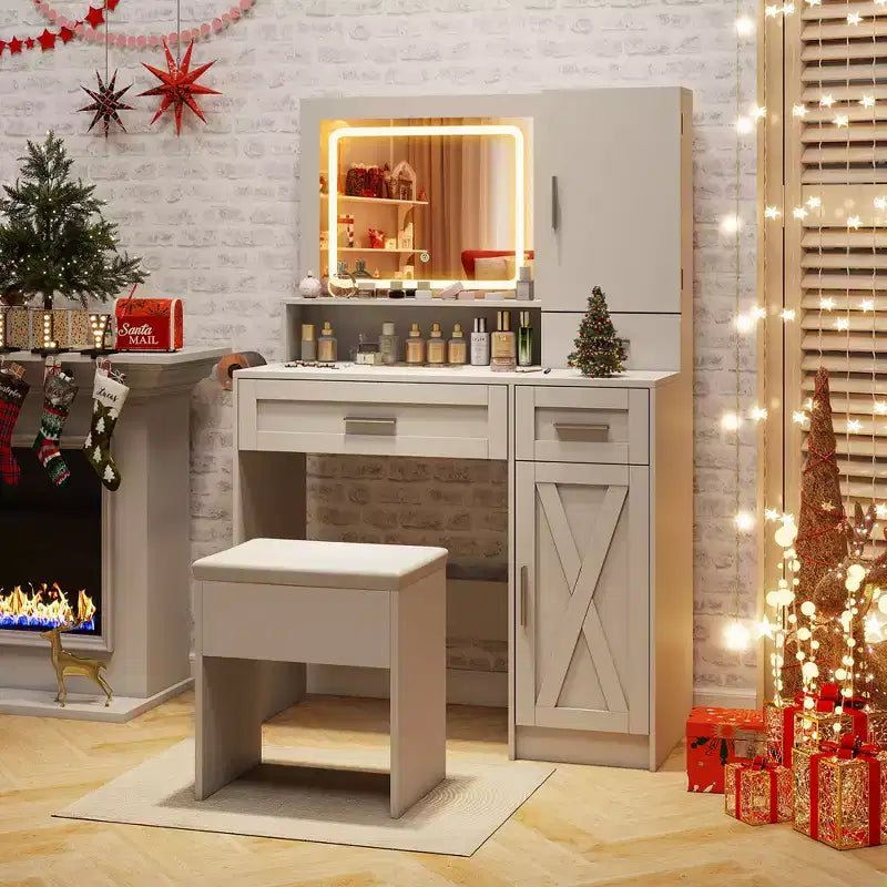 Costway Farmhouse Vanity Set w/Mirror & Lights 3 Lighting Modes & Adjustable Brightness