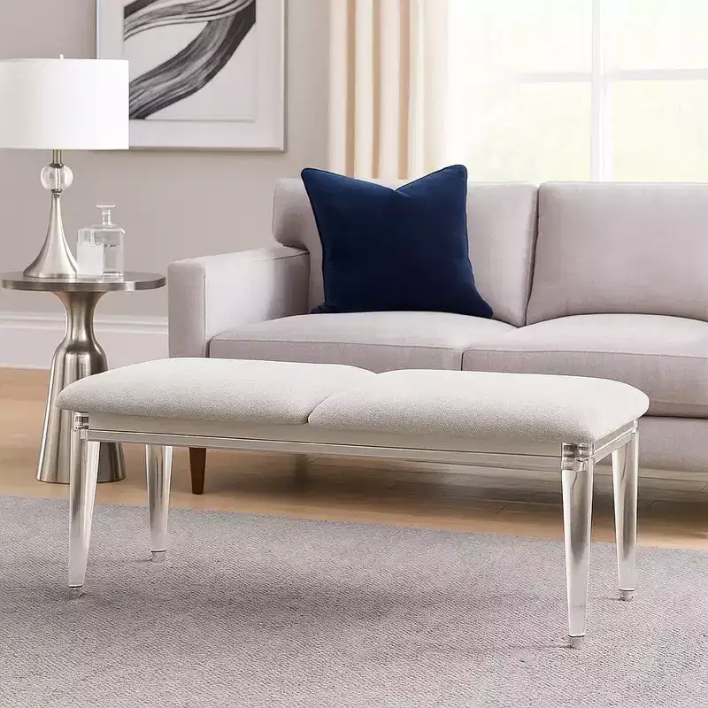 Royal Hampton Accent Bench, Light Gray Boucle, Pearl White Wood Finish, 54 Inch