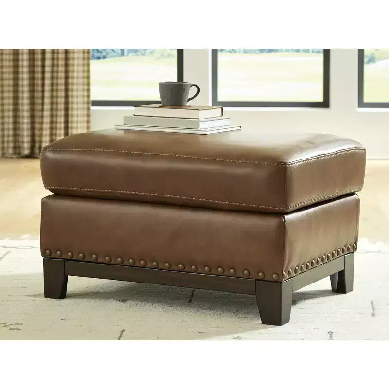 Amber Ottoman, Top Grain Leather Cushion with Nailhead Trim