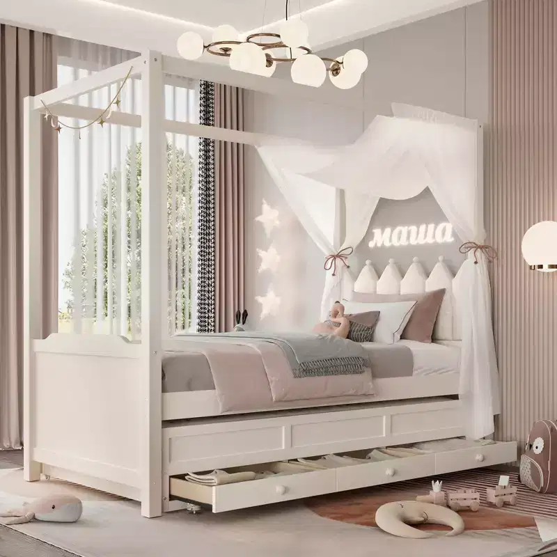 Twin/Full Size Platform Bed with Trundle, Princess Wood Canopy Bed with 3 Drawers, Storage Bed with Upholstered Headboard for Bedroom