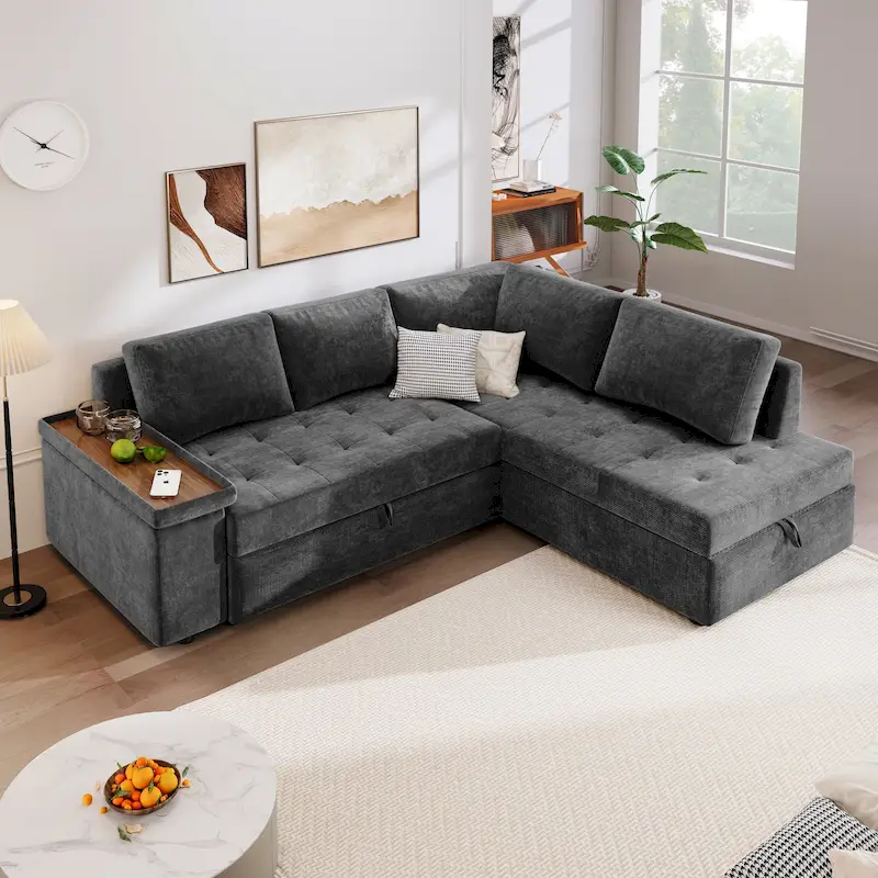 Christopher Knight Home-Miranda Convertible Polyester Sectional Sofa with Storage and Reversible Tray
