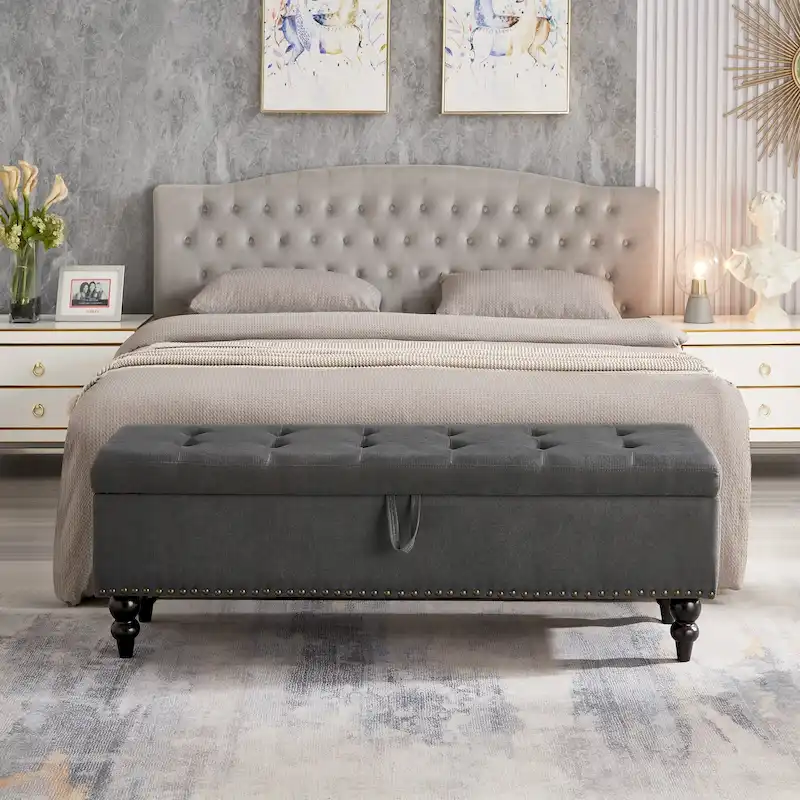Tufted Storage Bench Upholstered Fabric Ottoman with Wooden Legs Grey Beige Blue