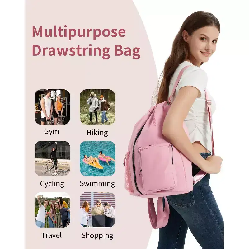 Narwey Drawstring Backpack Sports Gym Bag with Shoes Compartment (Pink)