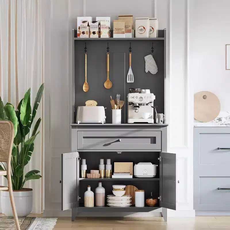 63'' Pantry Cabinet with 4 Hooks - Kitchen Storage Cabinet with Drawer & Adjustable Shelves, Coffee Bar Table