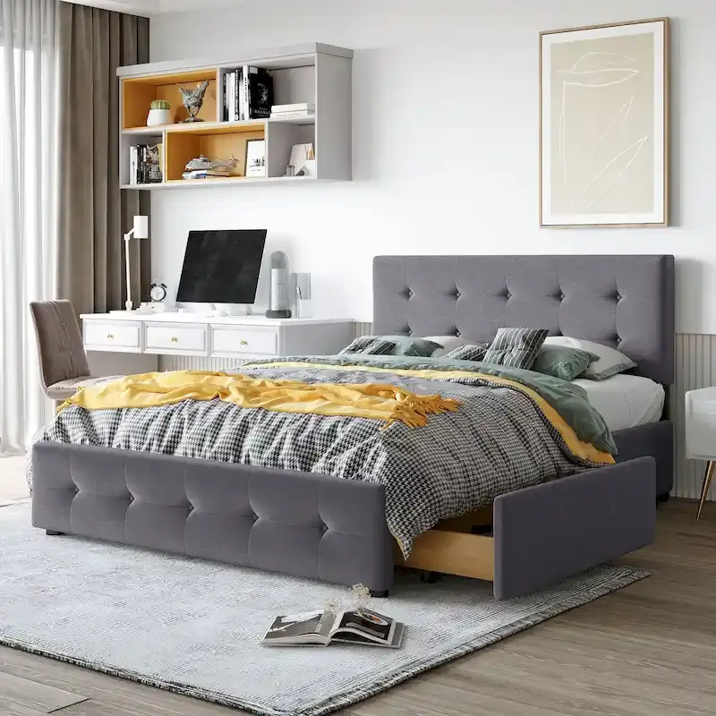 Queen Size Button-Tufted Platform Bed with 4 Drawers — Dark Gray / White / Light Gray / Beige, For 2