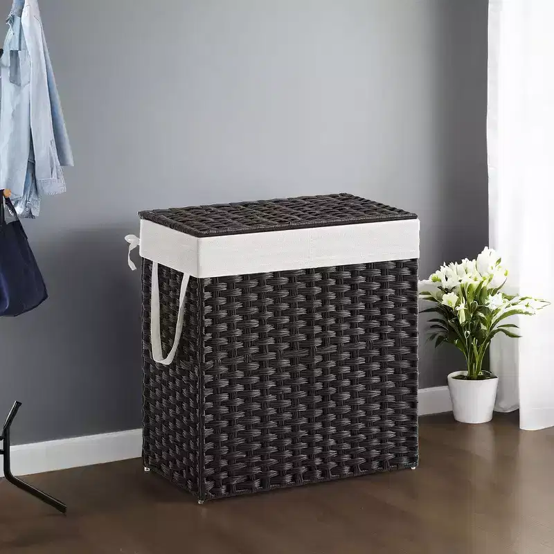 110L Double Laundry Hamper with Lid & 2 Removable Liner Bags, Wicker