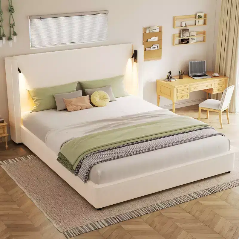 King Size Upholstered Platform Bed Frame with Padded High Wingback Headboard, Reading Lamp & USB Port, Beige - ModernLuxe