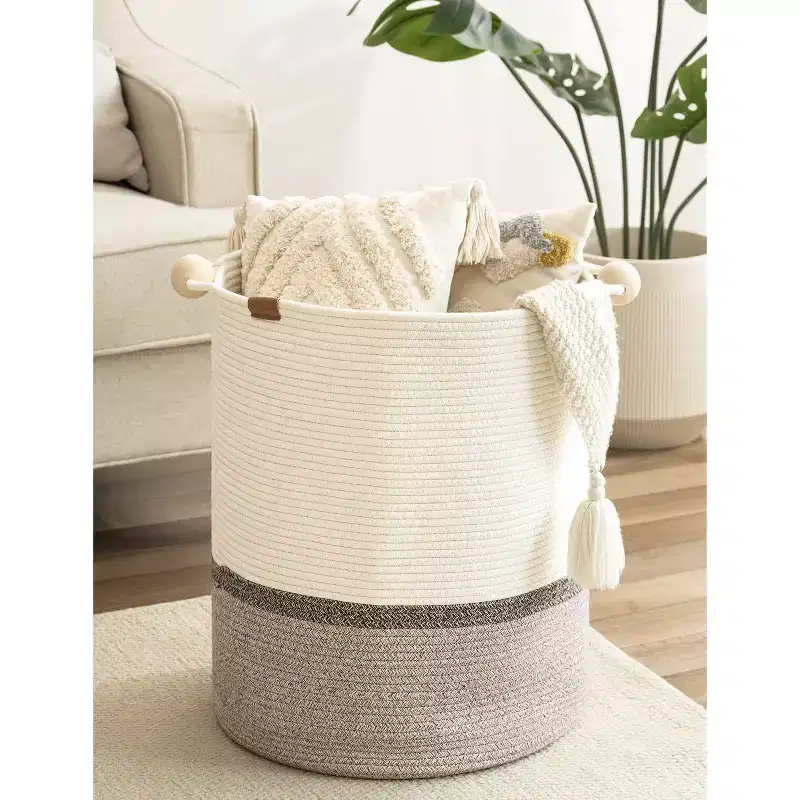 Narwey 72L Cotton Rope Laundry Basket with Wooden Beads Handles