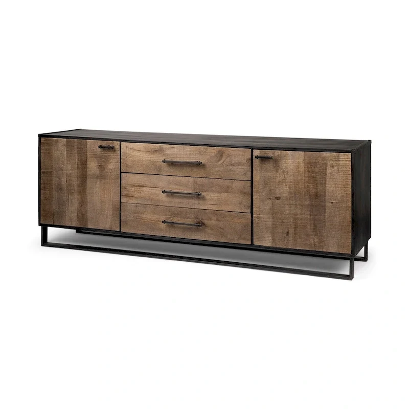 Brown Solid Wood Black Metal Frame 3 Drawer 2 Cabinet Door Sideboard
