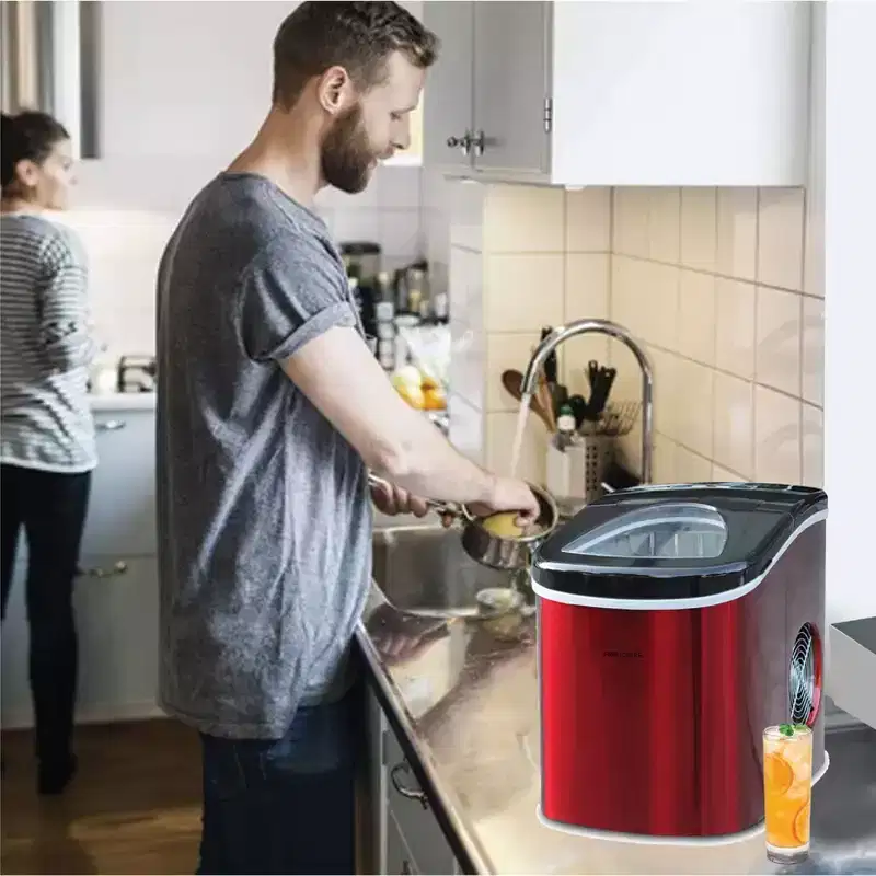 Frigidaire Countertop Ice Maker - Red: Portable Stainless Steel Ice Machine, 26 lbs Daily Production, Bullet Shape