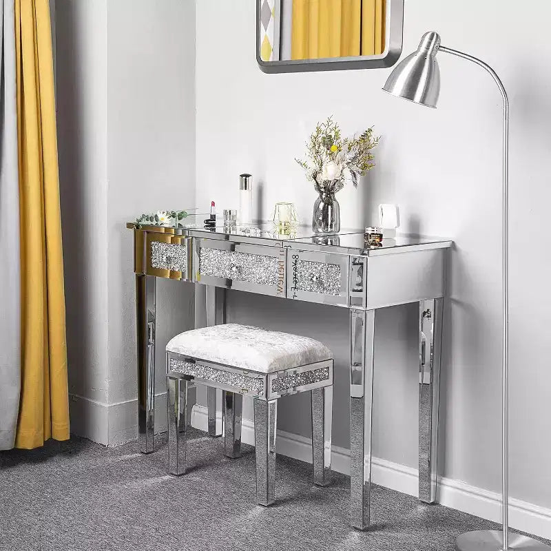 VINGLI Mirrored Vanity Desk With Drawers and Flip Mirror, Glass Table, Silver Makeup Desk for Bedroom/Makeup Room