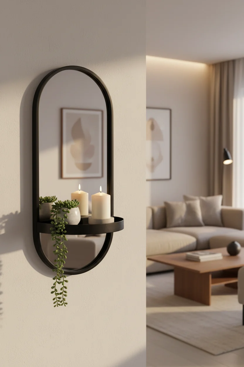 11"x25" Oval Metal Wall Mirror with Shelf, Wall Mount