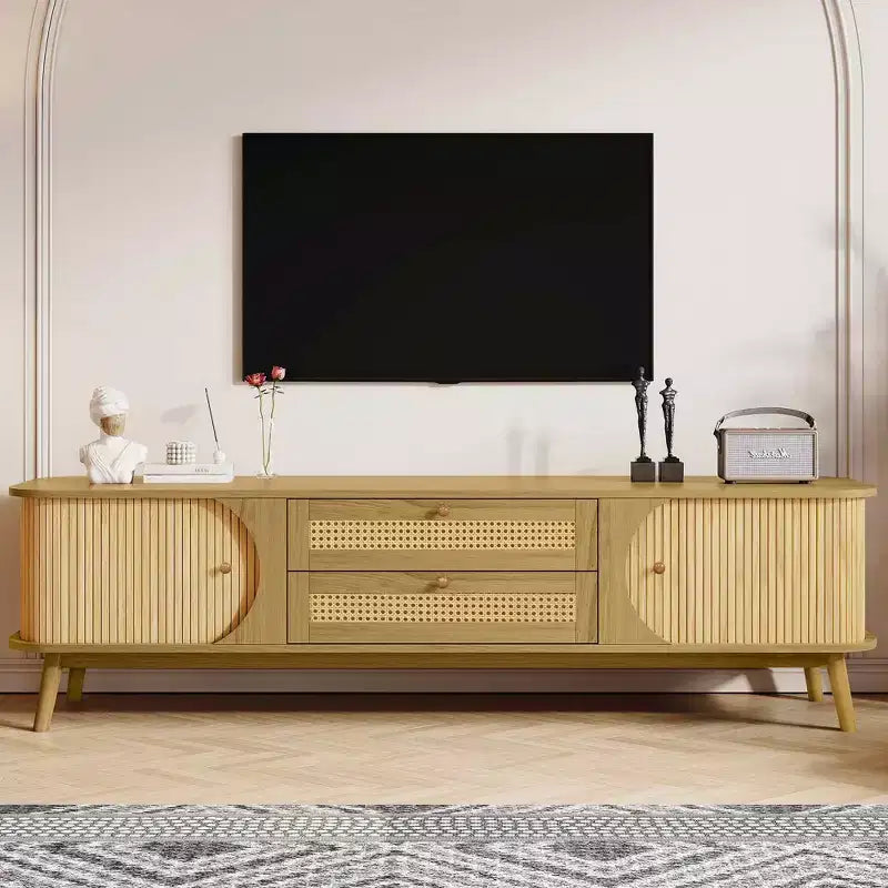 Rattan TV Stand for TVs up to 75", Farmhouse Media Console with Solid Wood Legs