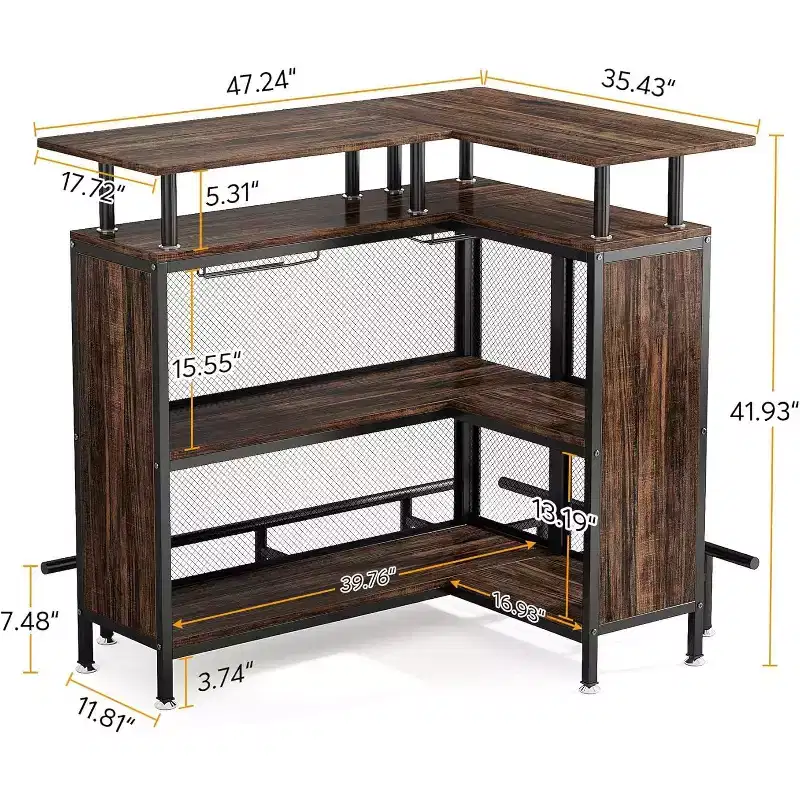 Lantine Home Bar Unit: L-shaped with stemware racks, 2-tier shelves, corner mini cabinet, footrest, rustic brown, suitable for home/kitchen/pub.