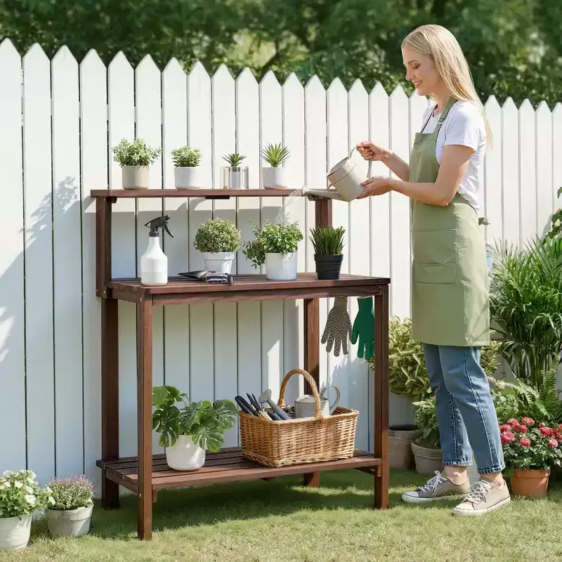 VEVOR Potting Bench Table, Outdoor Gardening Workstation with 36 x 20 in Wood Tabletop, Storage Shelves, Hook for Outside Patio, Backyard, Brown