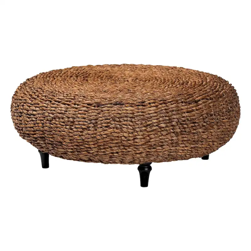 Handwoven Seagrass Coffee Table with Wooden Legs - Natural Wicker Round Living Room Table for Living Room or Bedroom Dcor