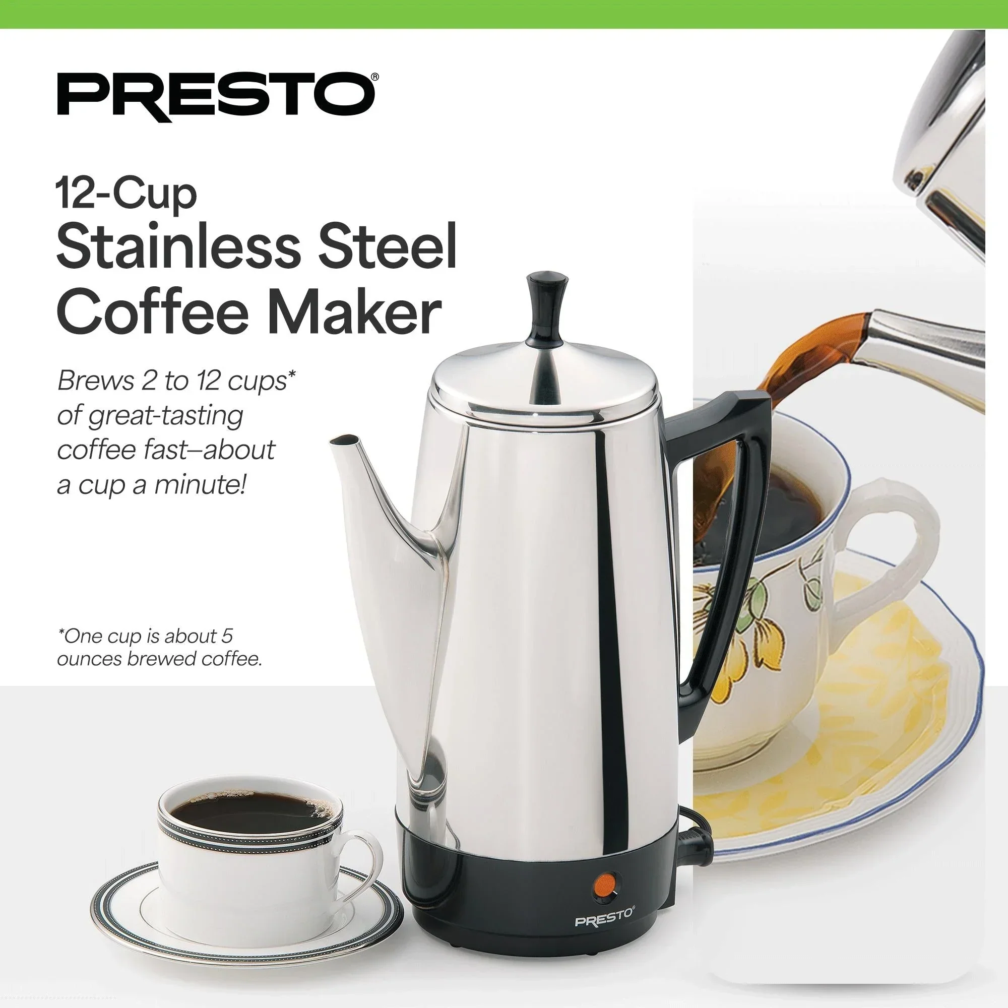 Presto Stainless Steel Coffee Maker, 12 Cup Robust Percolator Coffee, Silver - 2.79