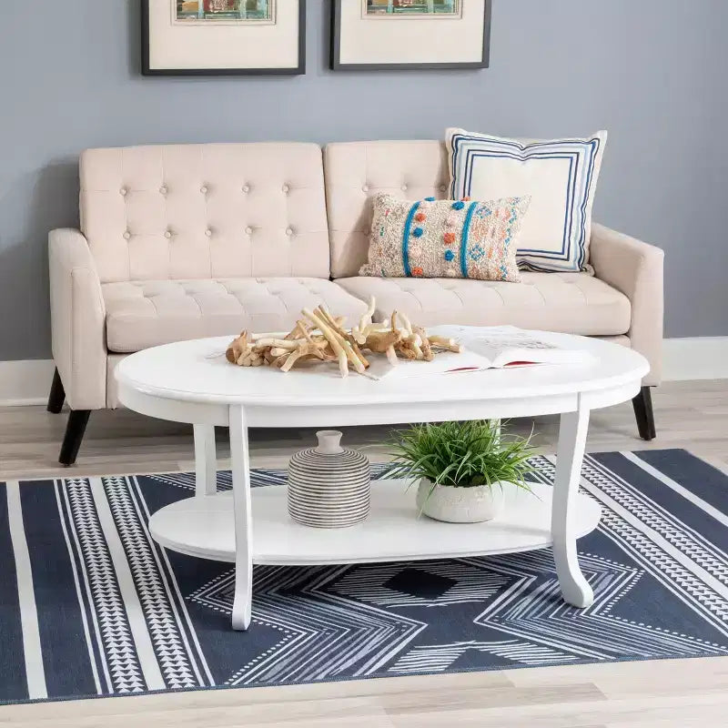 Dermott Traditional Oval Coffee Table with Bottom Shelf Rustic White - Powell