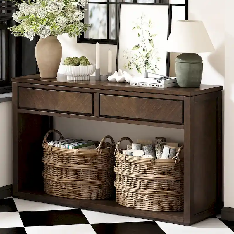 55 Rustic Console Table with Drawers and Open Shelf for Living Room