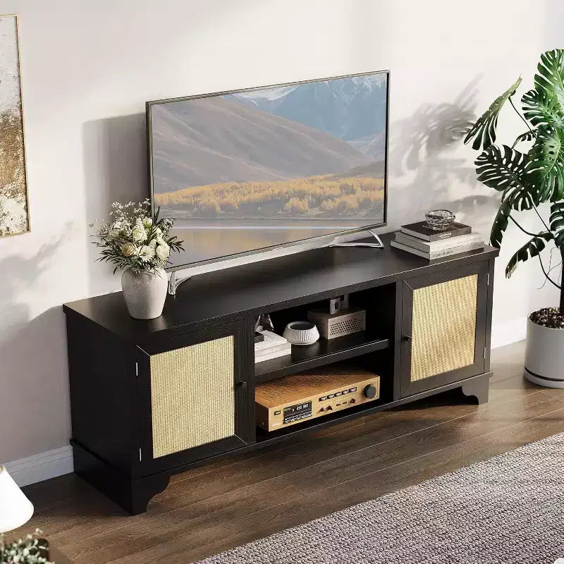 Rattan TV Stand Fits TVs Up to 70, Entertainment Center with 2 Cabinets and Open Shelves, Wooden Media Console Table for Living Room