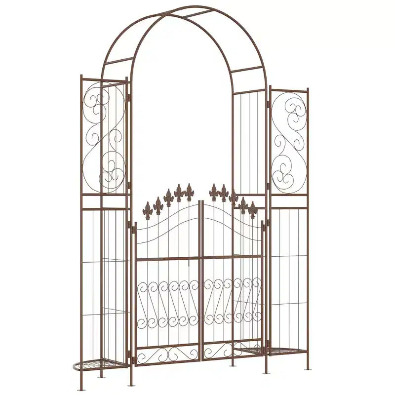 Outsunny 7' Metal Garden Arbor, Garden Arch with Gate, Fleur De Lis Motif, Latching Doors, Planter Shelves, Brown