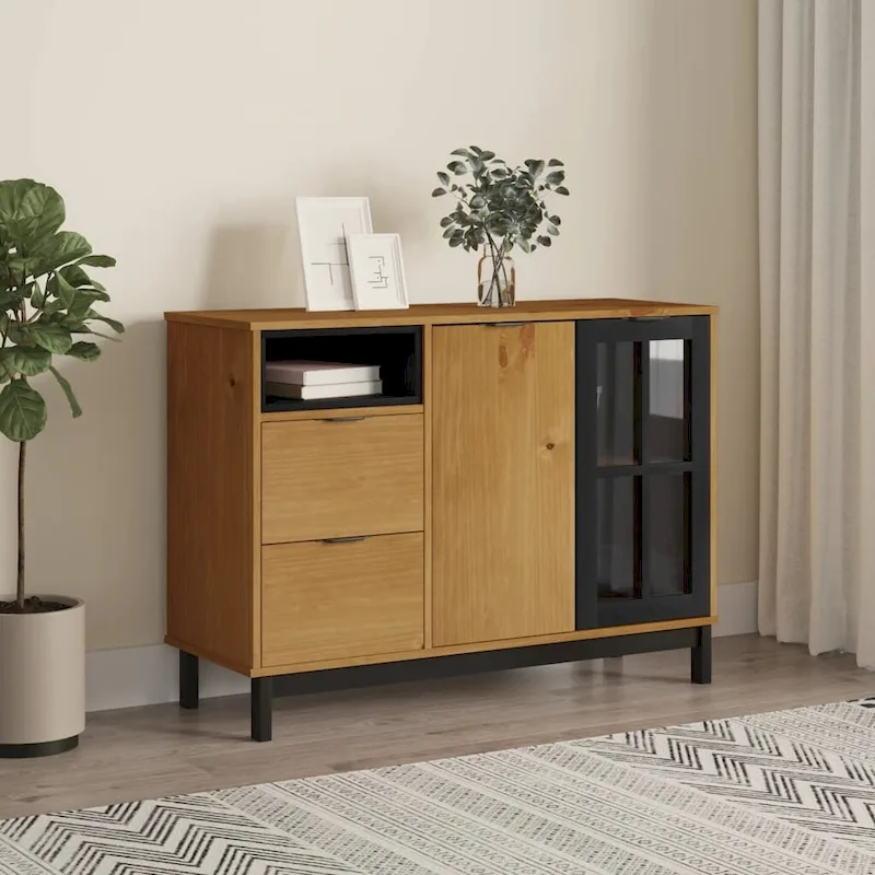 Sideboard with Glass Door �C Solid Pine Wood, 43.3 x 15.7 x 31.5 in.