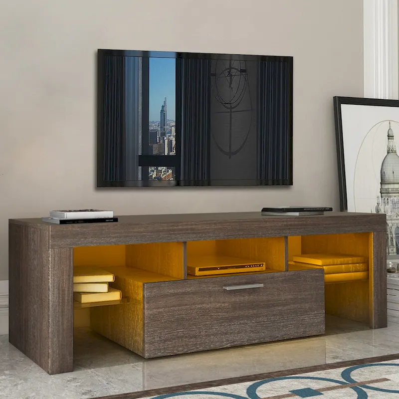 Brown LED TV Stand with Cabinet, 2-Door Storage, 1-Person Assembly