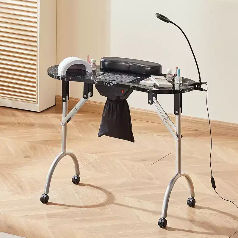 VEVOR Portable Manicure Table, Foldable Nail Table with Electric Dust Collector, Moveable Nail Tech Desk & 4 Wheels, 3 Dust Bags, Black
