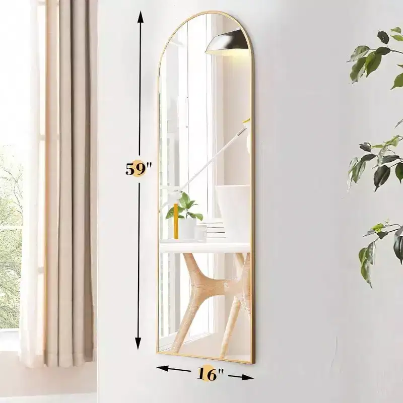 59x16 Gold Arched Mirror - Includes Stand & Thin Aluminum Frame. For Hanging, Leaning, or Standing Use