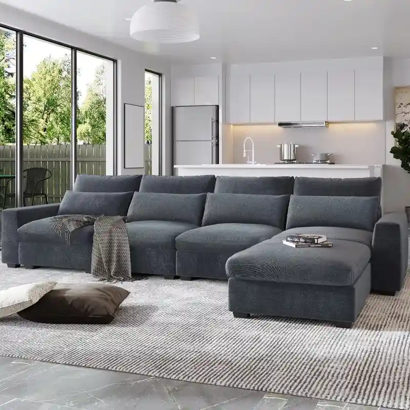 Modern Convertible L-Shaped Linen Feather Filled Reversible Sectional Sofa