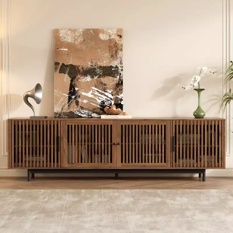 GDFStudio Leighton 78 Modern TV Stand with Slatted Door Design and Closed Storage