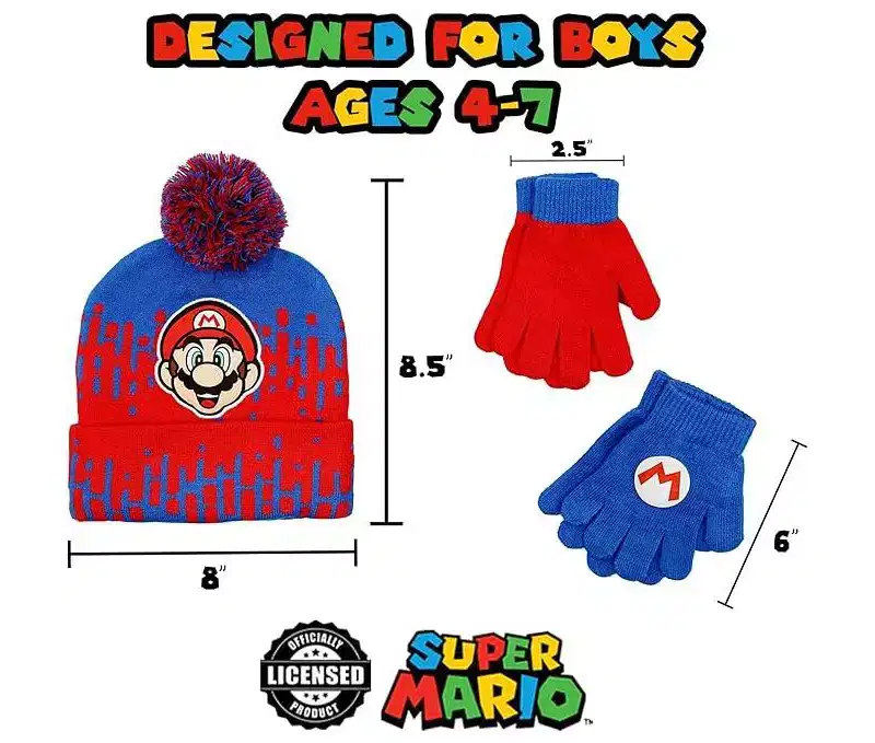 ABG Accessories Boys Super Mario Winter Hat and Gloves set  Red and Blue Winter Beanie and Gloves for boys ages 4-14 Years