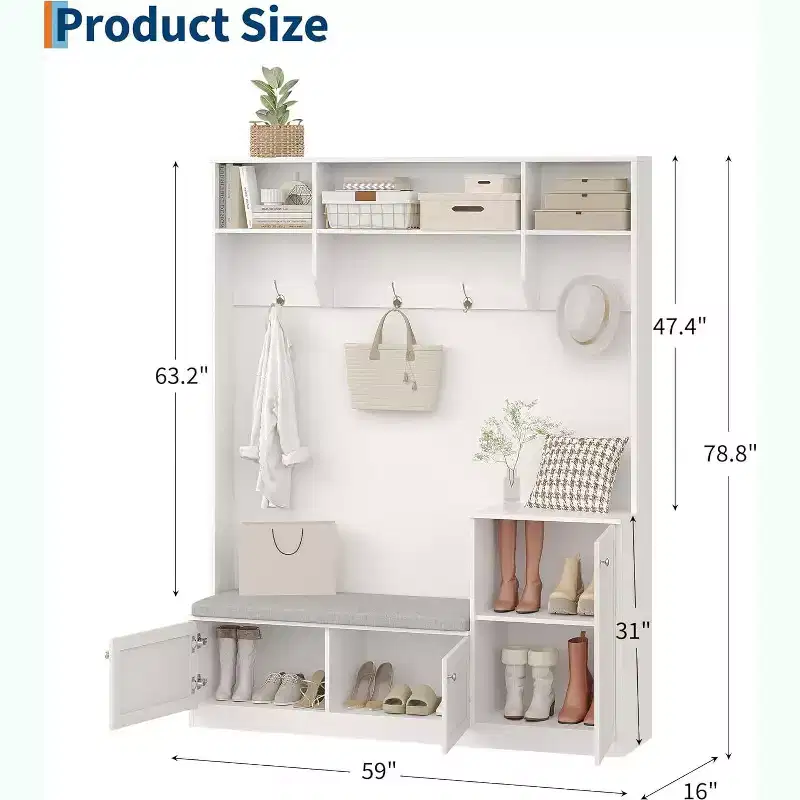 78.8 Hall Tree with Shoe Storage and Coat Rack, Farmhouse Entryway Bench, 4 Shoe Cubbies, 4 Coat Hooks, 3 Top Open Shelves, Entrance Storage Cabinet