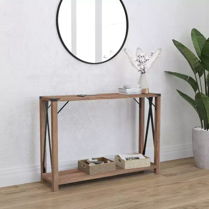 Gray Wash / Rustic Oak Farmhouse Sofa Table with Steel Accents