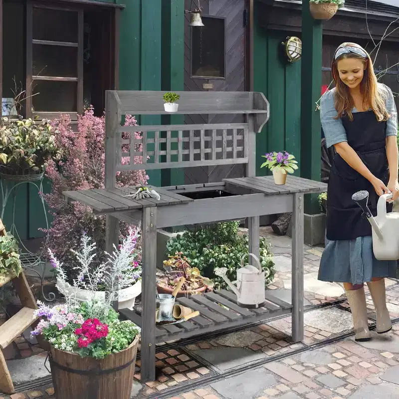 Outdoor Potting Bench Tableen Workstation with Sliding Tabletop, Storage Shelf and Dry Sink, for Greenhouse, Garden, Patio
