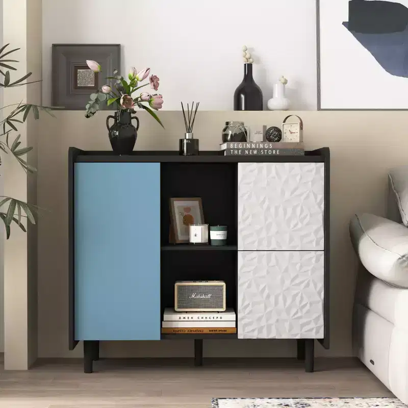 Modern Black Sideboard with Red Doors �C 2 Drawers & 2 Open Compartments