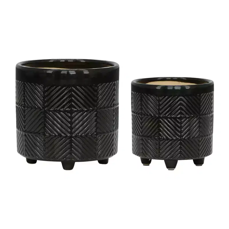 Okak Modern Textured Flower Pots with Stripes Carving Set of 2, Outdoor Planter with 3 Legs, Durable Ceramic Pot for Tabletop and Ground, Black