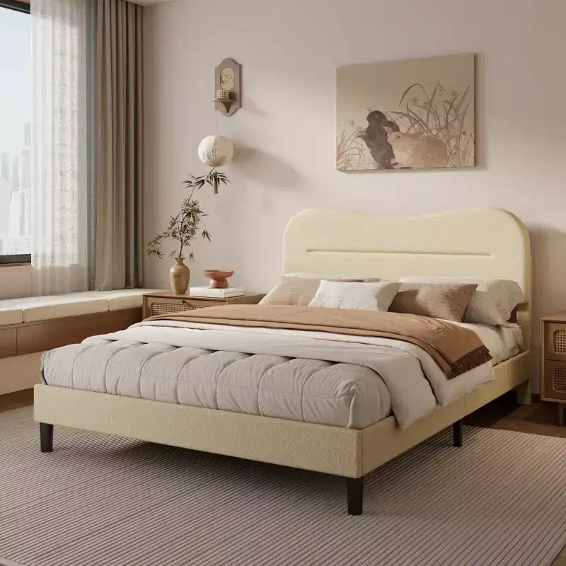 Queen Size Bed Frame with Headboard Beige Teddy Boucle Fabric Upholstered Platform Bed Soft Cloud Marshmallow Design No Box Spring Needed Wood Slats