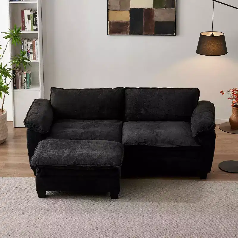 MAYEERTY Loveseat Luxury Sofa with Ottoman Soft Chenille Upholstered Sofa for Living Room Black