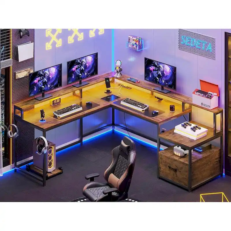 L-Shaped Corner Desk – Brown, RGB LED Strip, File Drawer, Monitor Shelf, Power Outlet, Seats 2