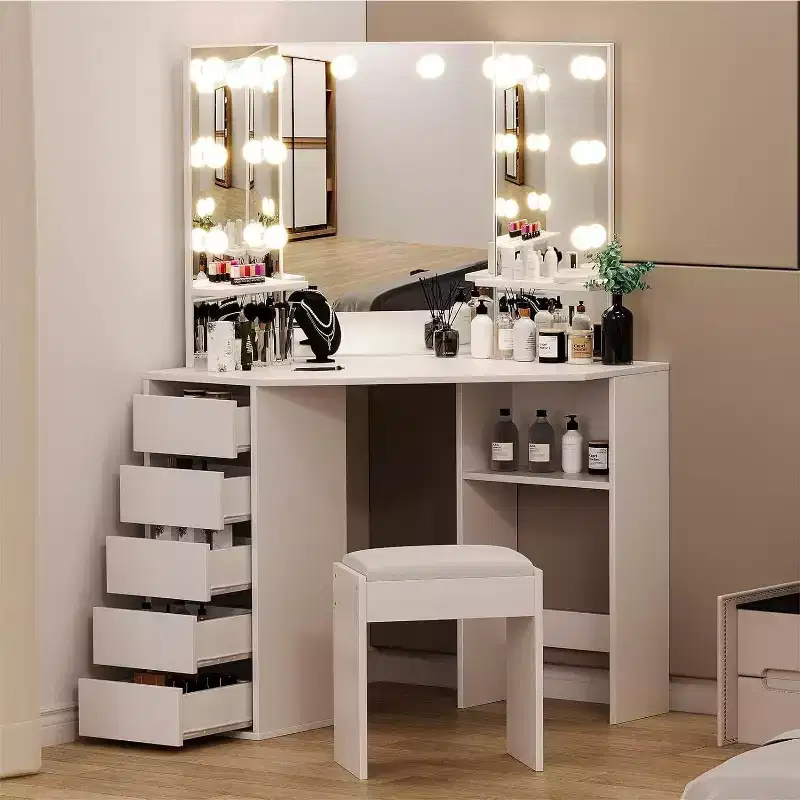 Corner Vanity Desk with Mirror, Makeup Table Set with Mirror, Cushioned Stool, 5 Drawers, Bedroom Dressing Table for Women Girls, White