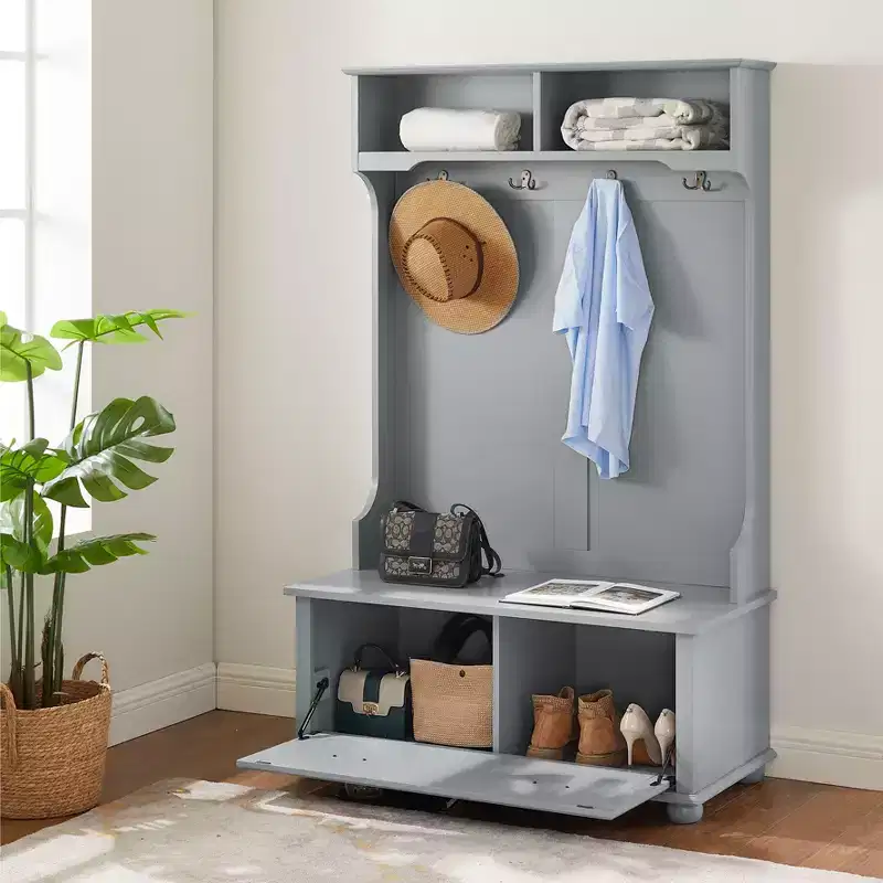 Okak Modern Hall Tree with 4 Hooks, Freestanding Coat Rack with 1 Large Drawer and 2 Shelves, Entryway Storage for Living Room, Hallway, Gray